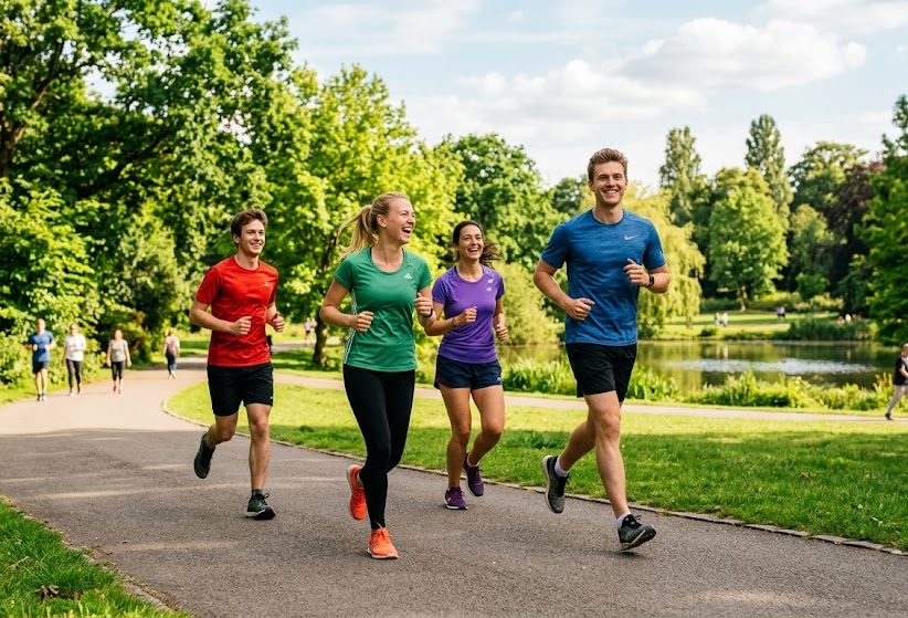 Žena v klidu sedí v přírodě, zhluboka dýchá a usmívá se